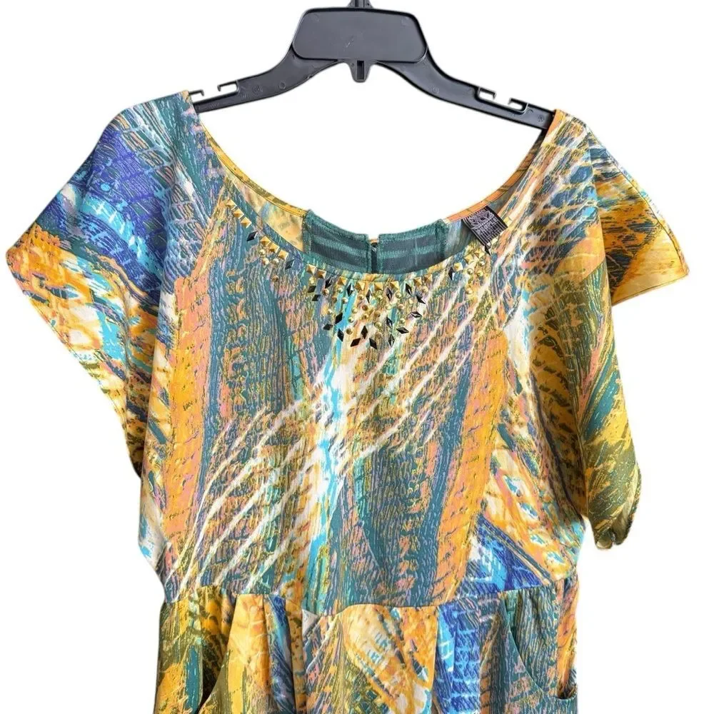Free People Multicolor Boho Abstract Minidress/Tunic w/ Pockets Size 10